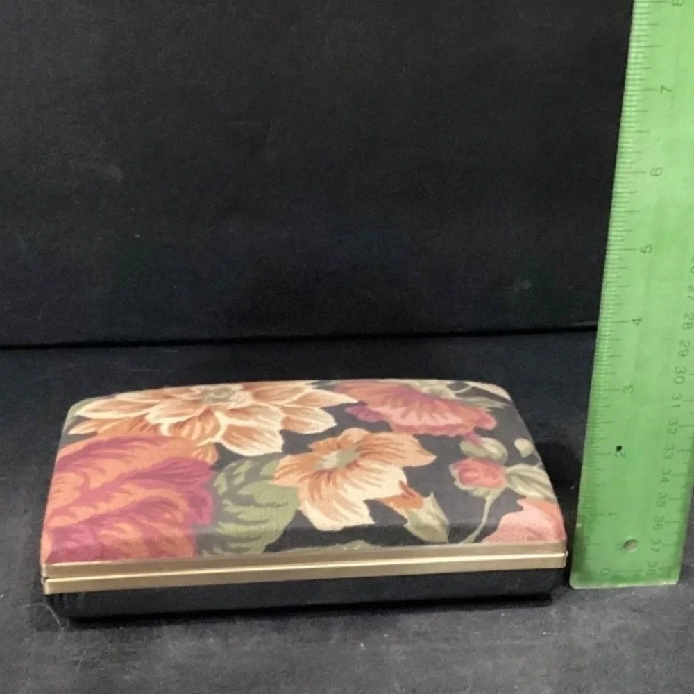Floral Tapestry Jewelry Travel Case Mirror‎ Multi Compartment Gold Tone Vintage